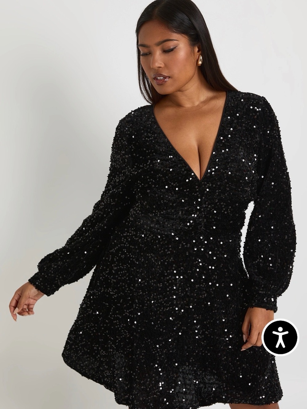 NWT Boohoo Black Sequin Long Sleeve V-Neck Mini Dress